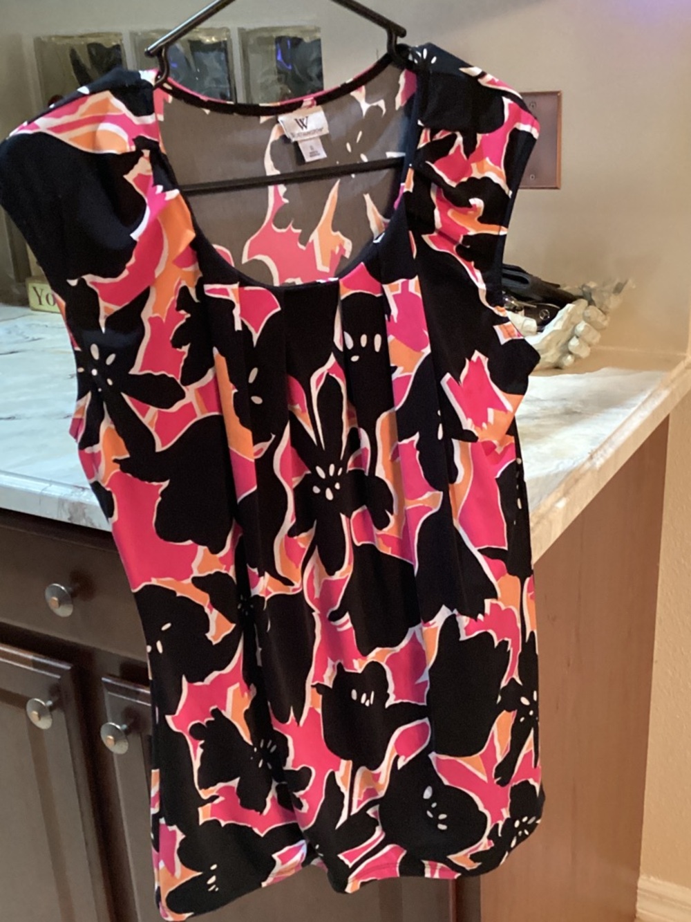 Worthington Pink, Black & Orange Floral Cap-Sleeve Blouse